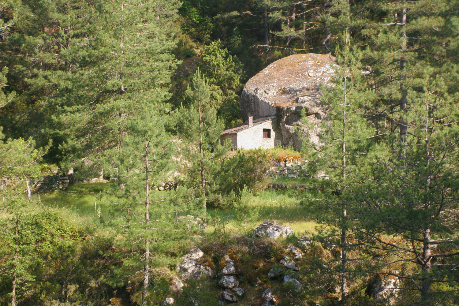 Maison de berger accolée à un rocher, vallée de la Restonica